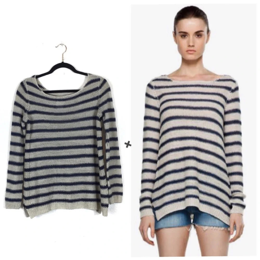 Vince Linen Sweater Striped Knit Drape Hem Top